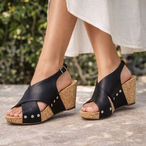 Lucky Brand Cork Wedge Sandals Black Leather Studded Boho Lagenlook Size 9.5